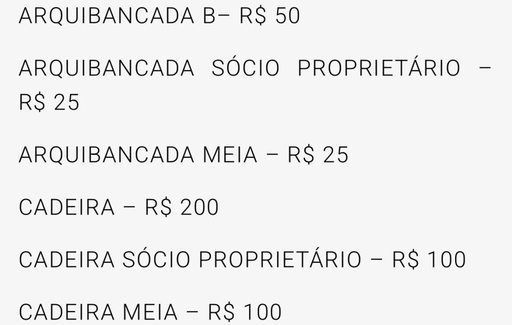 Valores dos ingressos para o confronto diante do Independente – Crédito: Reprodução/Site oficial do clube Valores dos ingressos para o confronto diante do Independente - Crédito: Reprodução/Site oficial do clube