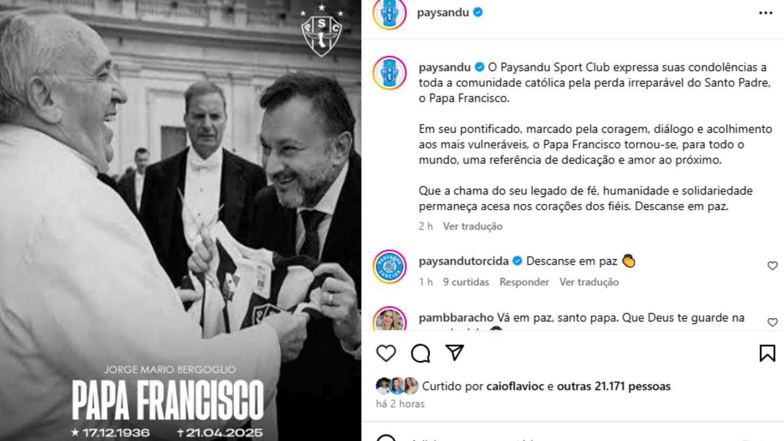 Nota de Pesar: Paysandu se despede do Papa Francisco